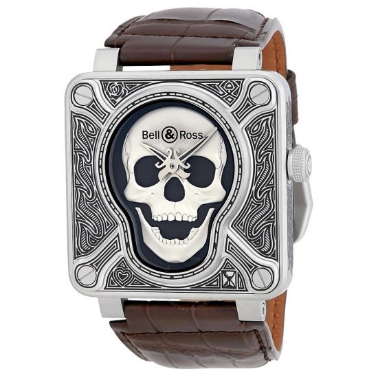 Cool And Unique UK Bell & Ross Instruments Burning Skull Watches Knockoff With Brown Leather Straps