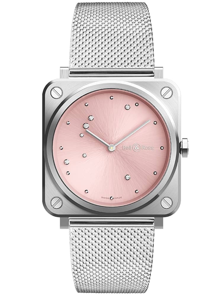 The pink dial fake watch is decorated with diamonds.